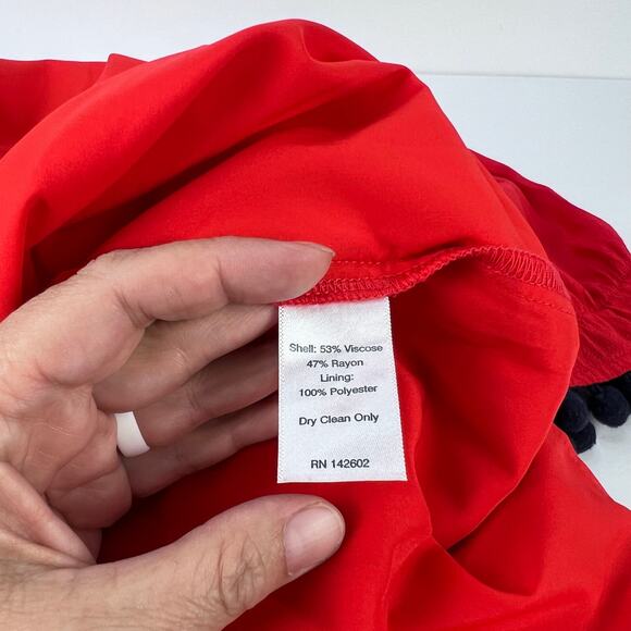 STS Sail to Sable Red SMOCKED FLUTTER SLEEVE Pom Pom Mini DRESS L PREPPY - Picture 10 of 12